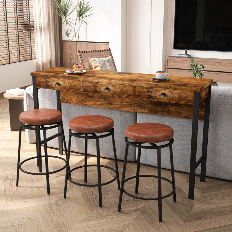 3-Drawer Long Dining Table Set with Power Outlets & Bar Kitchen Table Set with Circular PU Stools, Easy Assemble