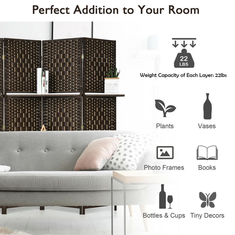 6 Panel Folding Weave Fiber Room Divider With 2 Display Shelves