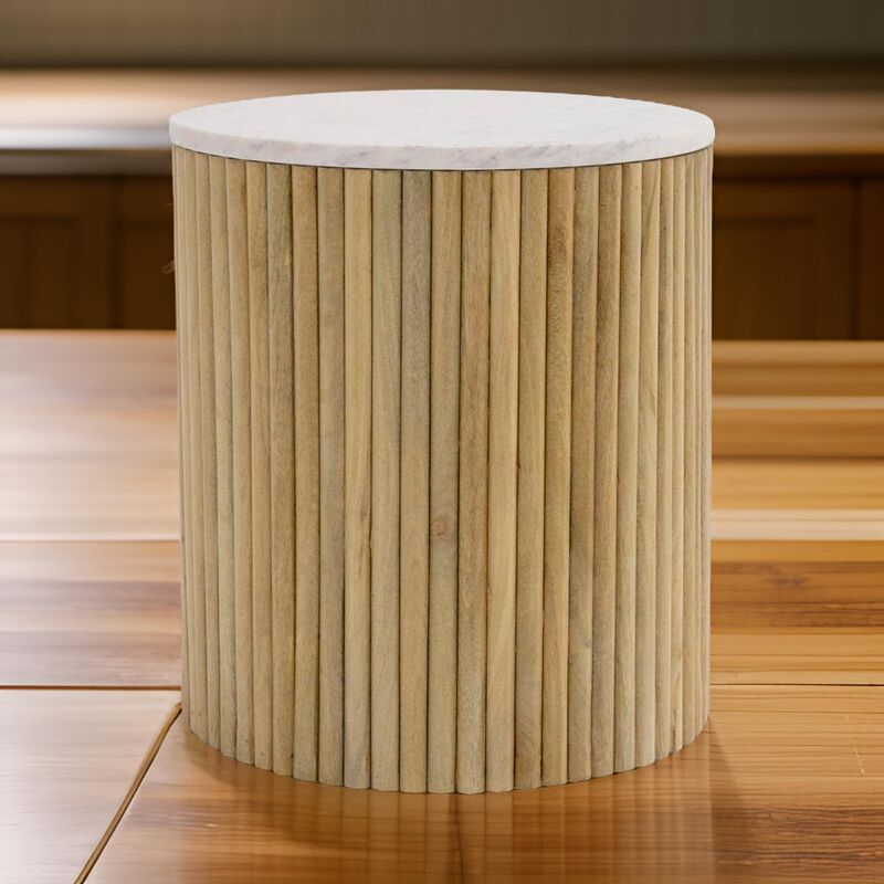 Cid Jolie 18 Inch Side End Table, White Marble Top, Brown Mango Wood Base - Benzara