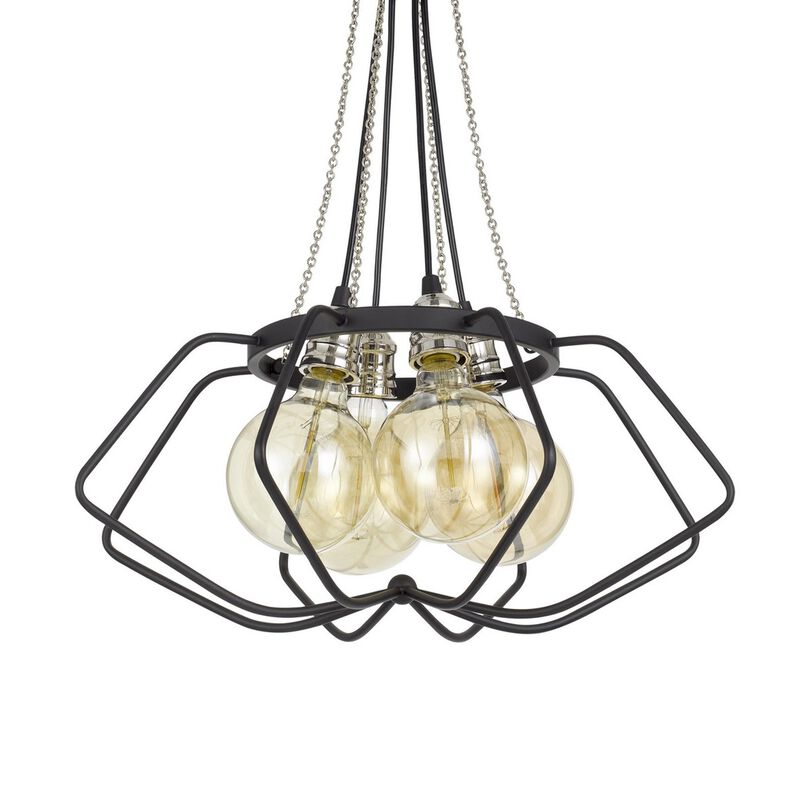 Lima 22 Inch Chandelier w 4 Light Bulbs, Black Metal Cage Design - Benzara