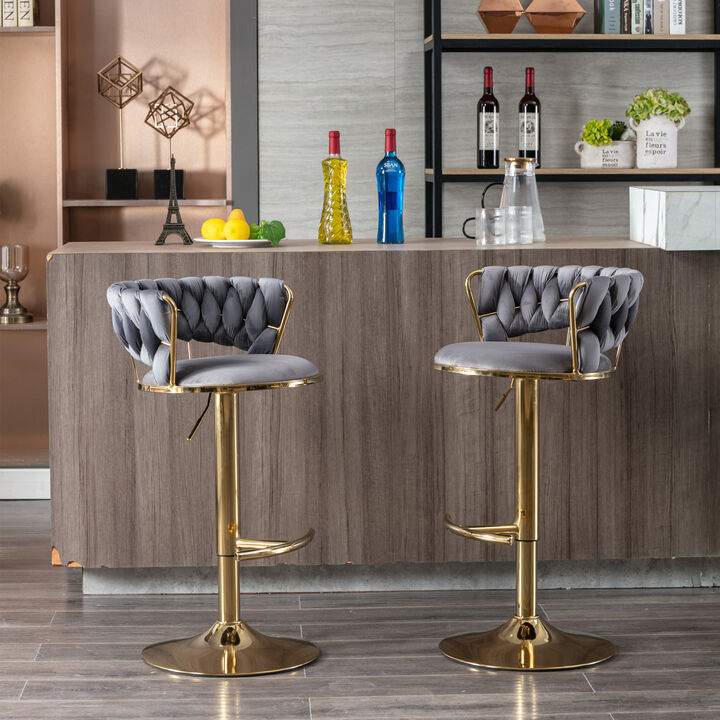 Set Of 2 Bar Stools, With Chrome Footrest And Base Swivel Height Adjustable Mechanical Lifting