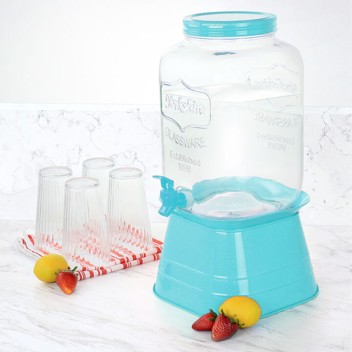 Gibson Home Chiara 2 Gallon Glass Mason Jar Dispenser with Metal Lid and Base in Blue