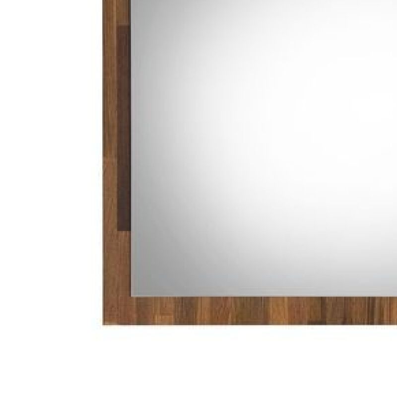 32 Inch Wall Mirror, Rectangular Portrait Plank Wood Frame, Walnut Brown-Benzara
