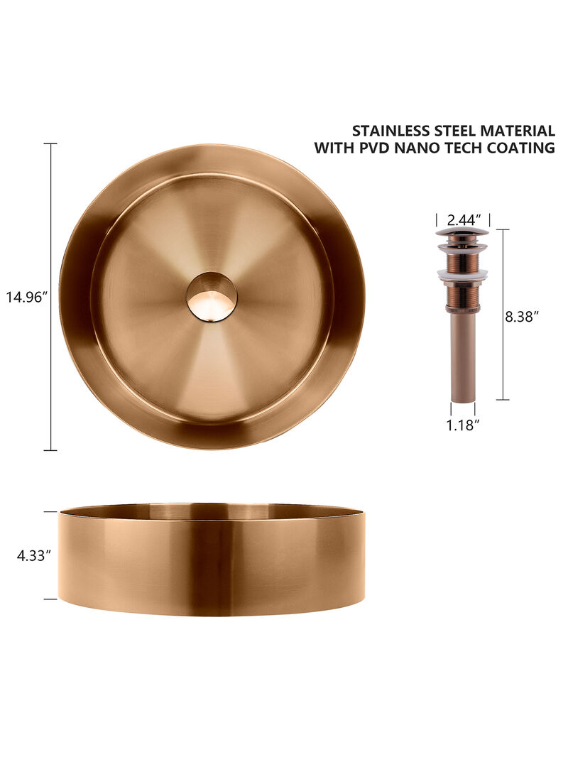 Stainless Steel Bathroom Sink with Mounting Ring & Pop-Up Drain Round Bowl Basin Rose Gold