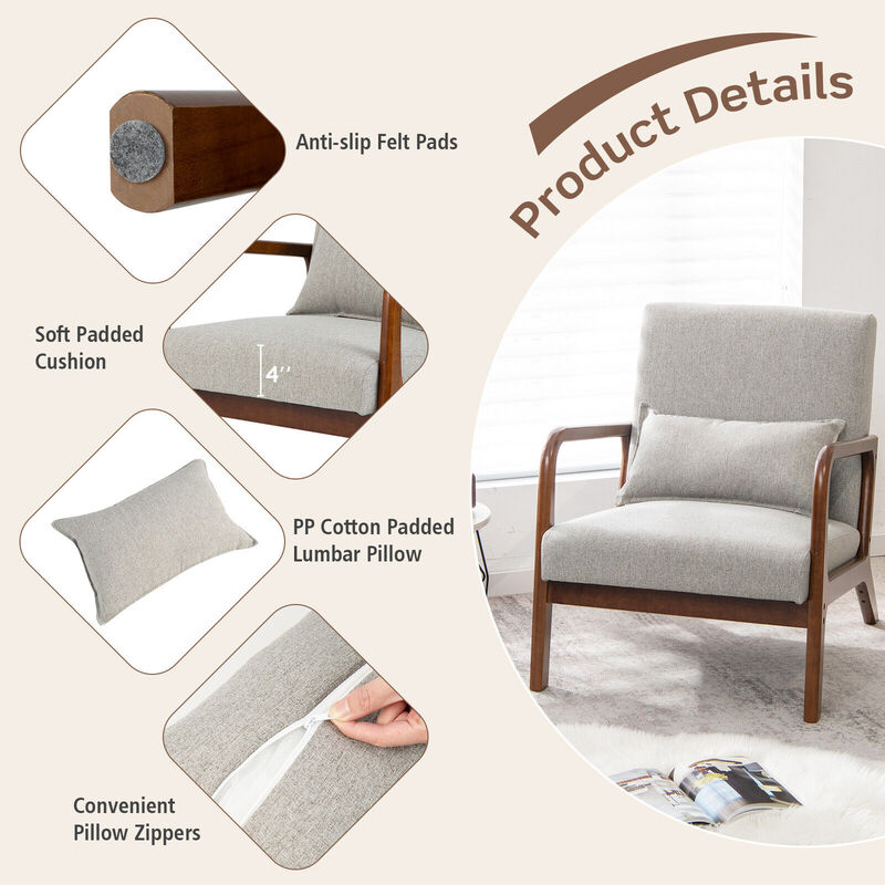 Modern Accent Chair with Rubber Wood Frame and Lumbar Pillow-Grey