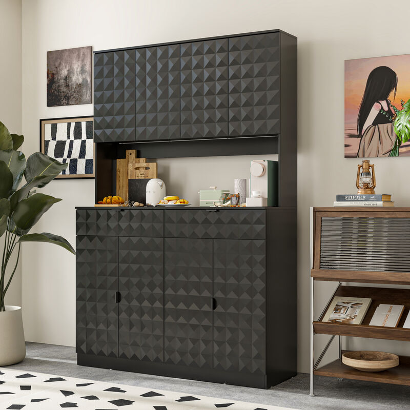 FUFU&GAGA Modern Black Storage Cabinet with Adjustable Shelves and Drawers, P2 MDF, with LED Lighting and USB Ports (46.8" W x 70.9" H x 15.6" D), Black