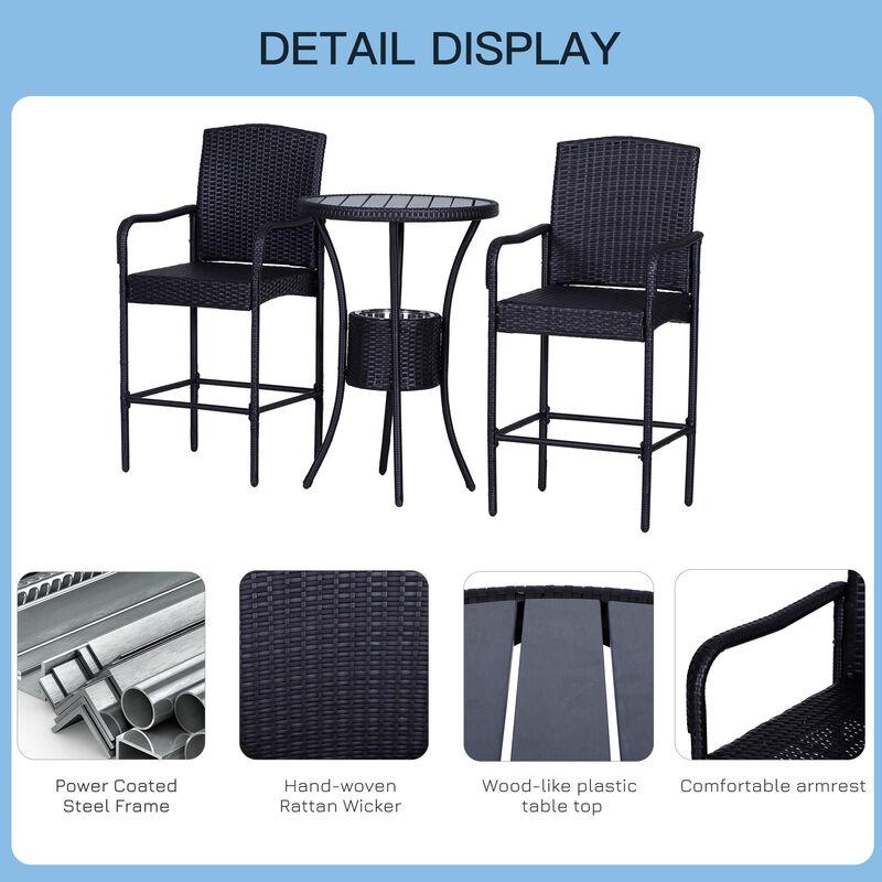Alfresco Bar Trio: 3PC Rattan Wicker Set with Ice Buckets, Table & Stools