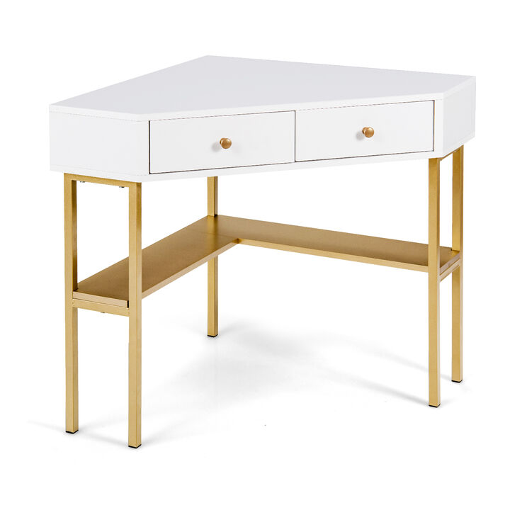 Space Saving Corner Computer Desk with 2 Large Drawers and Storage Shelf