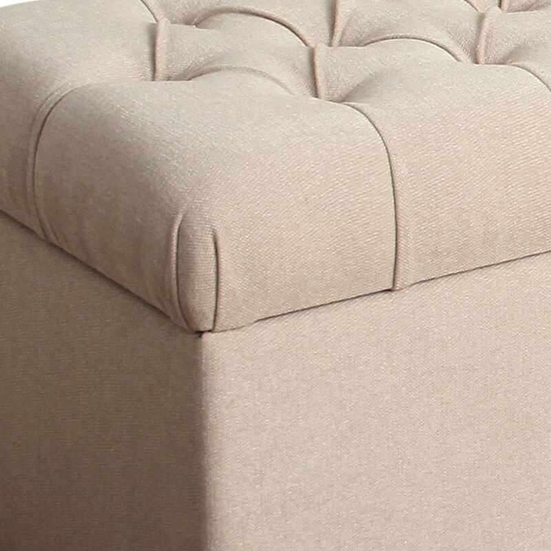 Fabric Upholstered Button Tufted Wooden Bench With Hinged Storage, Cream and Brown - Benzara