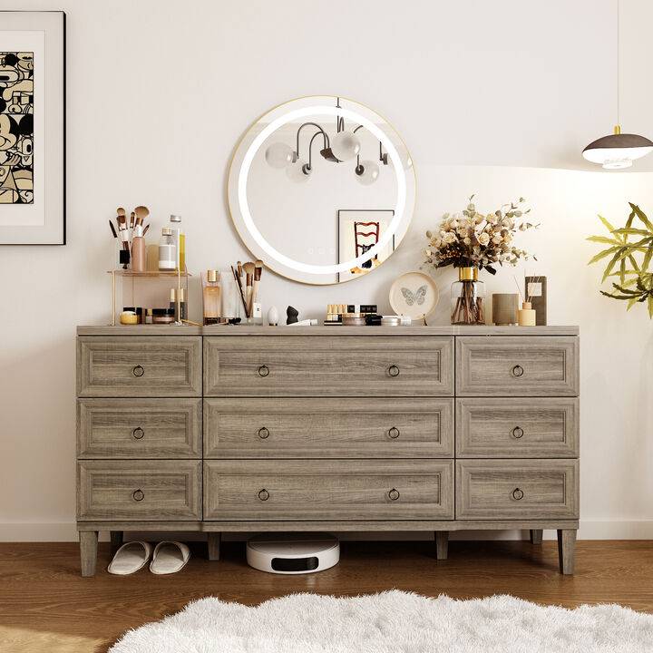 FUFU&GAGA Modern 9-Drawer Dresser, Wood Grain Storage Cabinet, Spacious Chest for Bedroom, Living Room, Hallway (63.4" W x 31.5" H x 15.4" D)