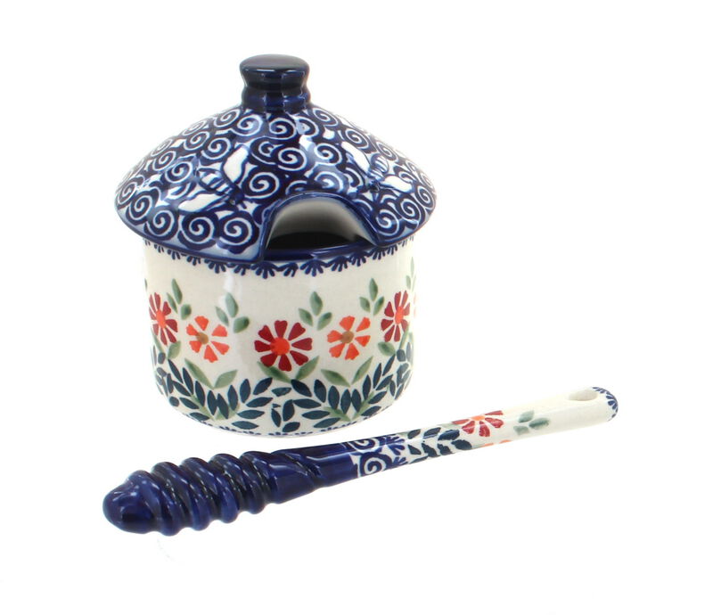Blue Rose Polish Pottery Blue Butterfly Honey Pot & Dipper