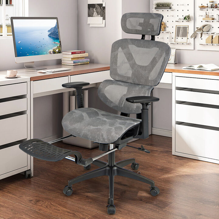 Mesh Office Chair with Tilting Backrest and Retractable Footrest-Grey