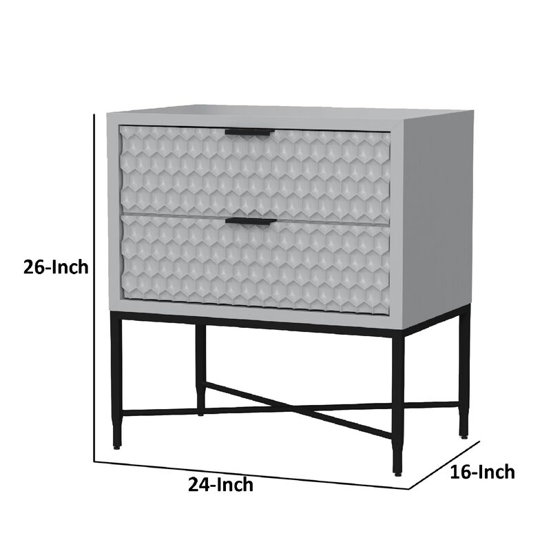 Rexi 26 Inch 2 Drawer Nightstand, Honeycomb, Mahogany, Light Gray, Black-Benzara