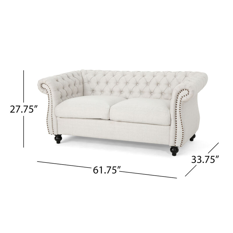 Bernie Loveseat 62 Inch Sofa, Nailhead Trim, Solid Wood Beige Tufted Fabric - Benzara