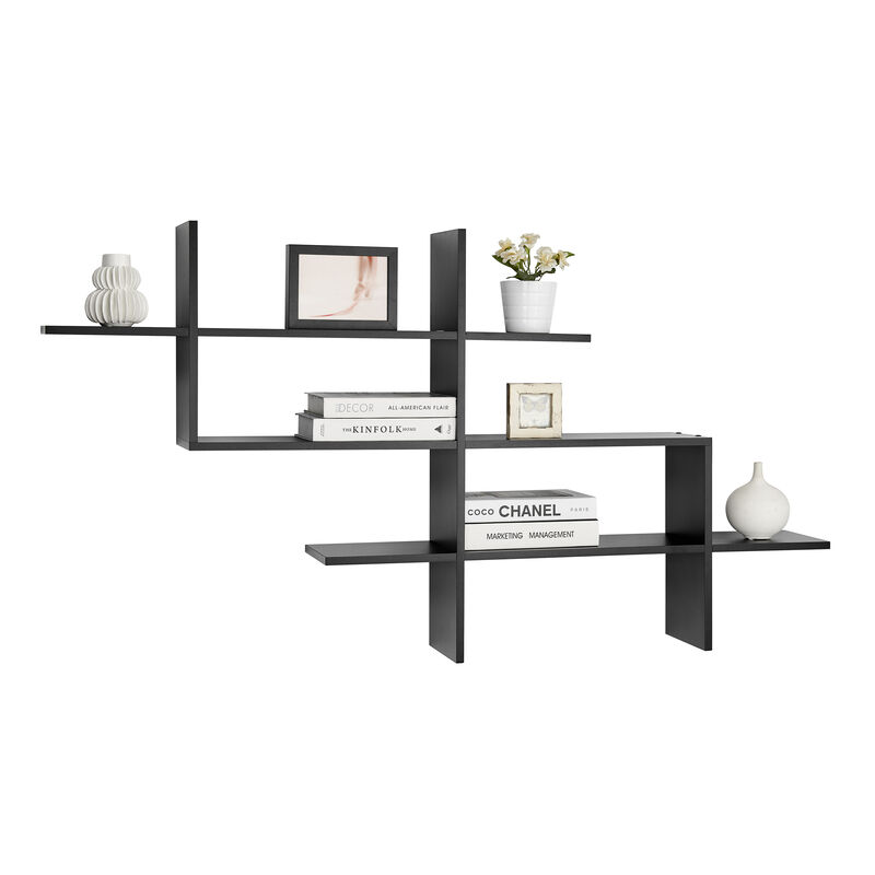3-Tier Rustic Hanging Wall Mount Floating Ladder Accent Shelf with Criss Cross Asymmetrical Modern Design
