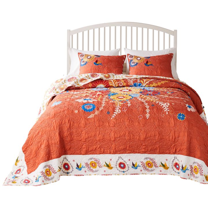 Xan 3pc Queen Bedspread and Pillow Sham Set, Bouquet Print, Multicolor