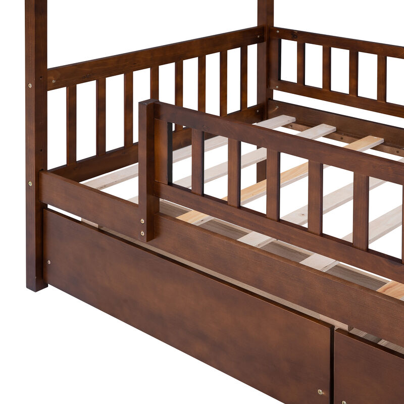 Streamdale Twin Size Wooden House Bed With Two Drawers, Walnut