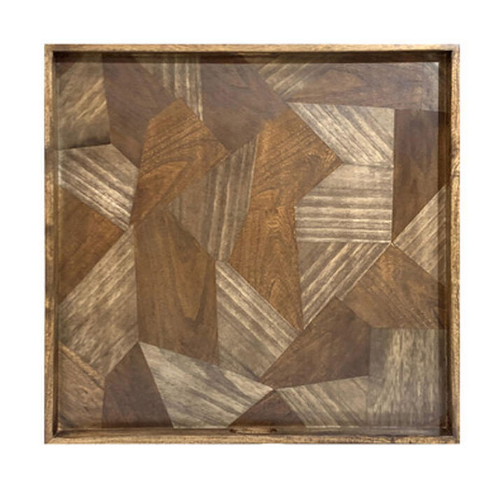 Hely Decorative Wood Tray, 27 Inch Square, Geometric Pattern, Brown Beige - Benzara