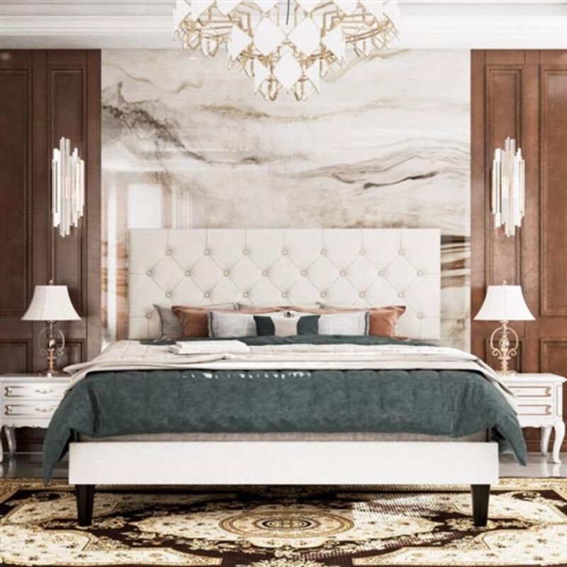 Hivvago Queen White Faux Leather Upholstered Platform Bed with Button Tufted Headboard