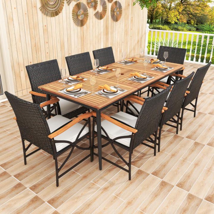 Hivvago 79 Inch Outdoor Acacia Wood Dining Table and 8 Rattan-woven Dining Chairs with Umbrella Hole