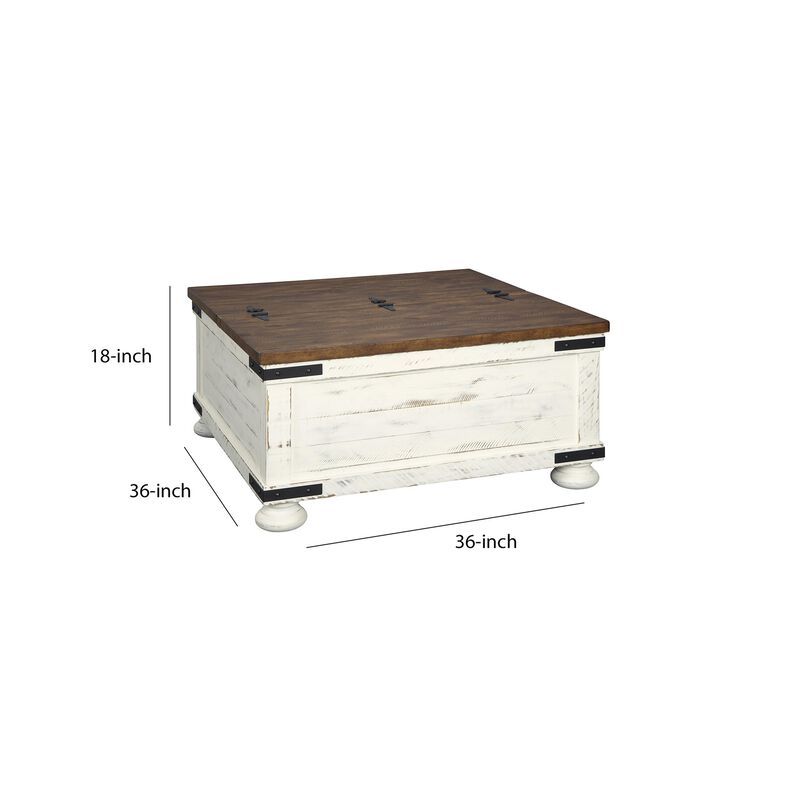 Farmhouse Two Tone Cocktail Table with Lift Top Storage, Brown and White-Benzara