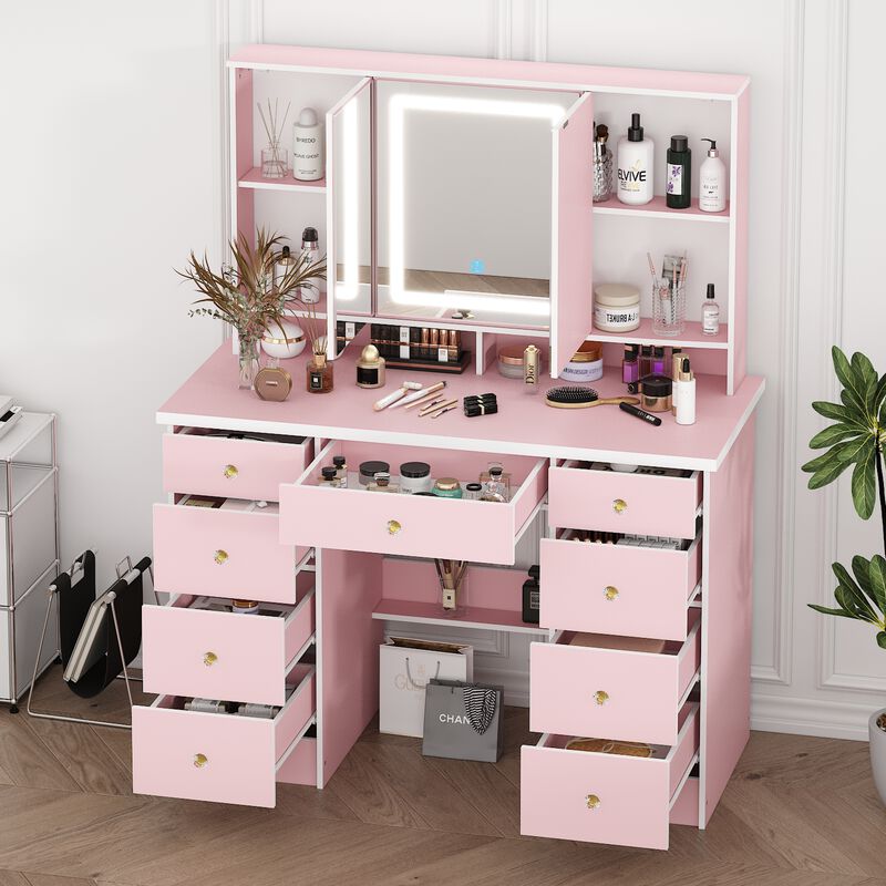 FUFU&GAGA 43.3" Pink Makeup Vanity with LED Mirror, 9 Drawers and Adjustable Storage (43.3" W x 53.9" H x 19.7" D),Pink