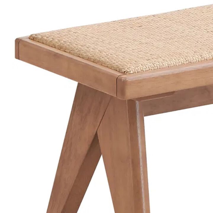 Tina 51 Inch Dining Bench, Transitional Woven Rattan, Natural Brown Wood - Benzara