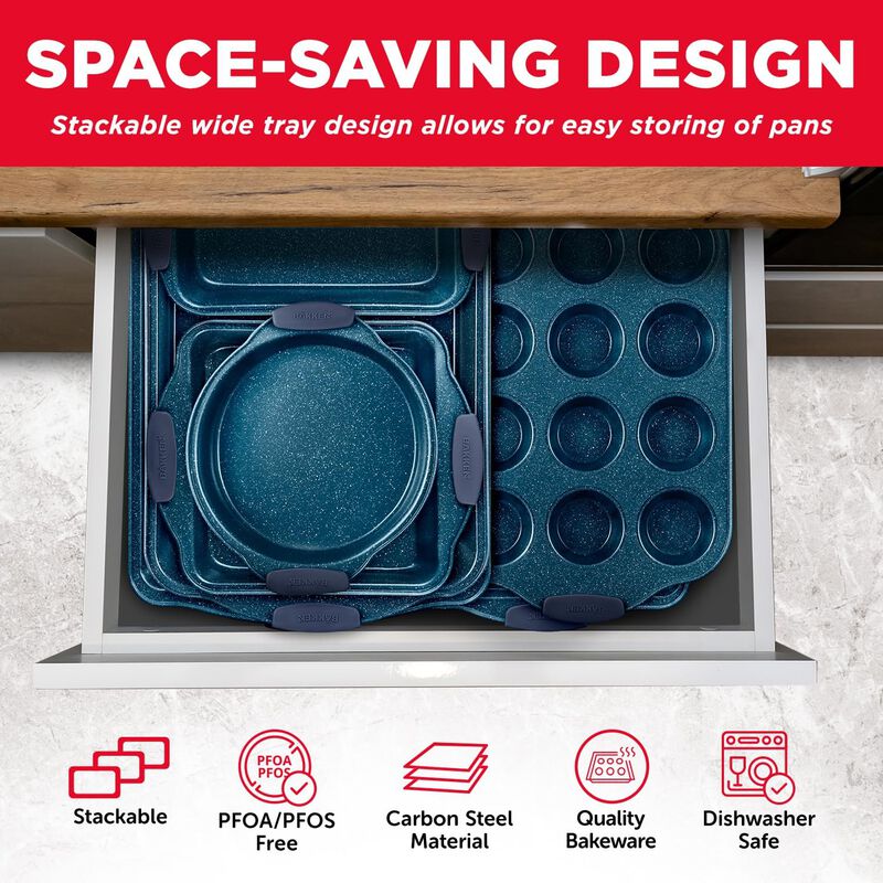 BAKKEN Kitchen Baking Pan Set - Nonstick Coating, Carbon Steel Bakeware Sets with Silicone Handles, Baking Kitchen Essentials, PFOA, PFOS, PTFE Free, Oven Safe Tray (Up To 450° F), Set of 10