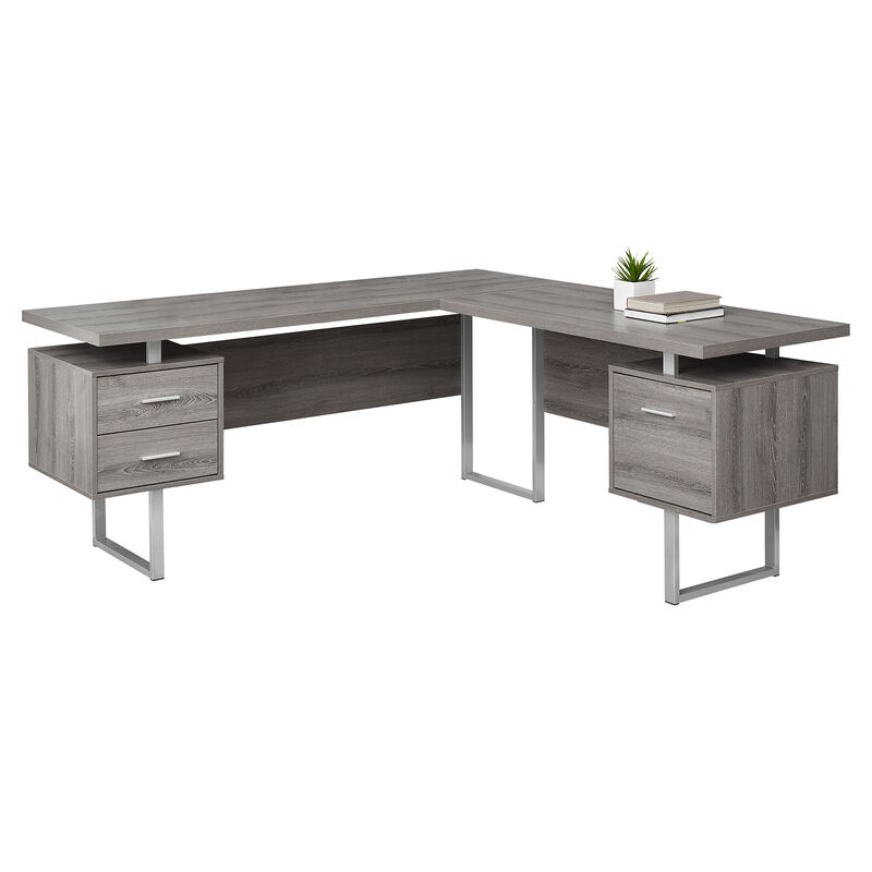 Computer Desk, Home Office, Corner, Left, Right Set-Up, Storage Drawers, 70"L, L Shape, Work, Laptop, Metal, Laminate, Brown, Grey, Contemporary, Modern
