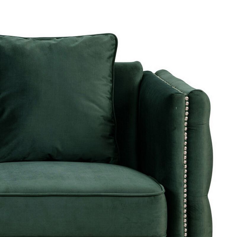 Zion 53 Inch Accent Loveseat, Nailhead Trim, Button Tufted, Green Velvet-Benzara