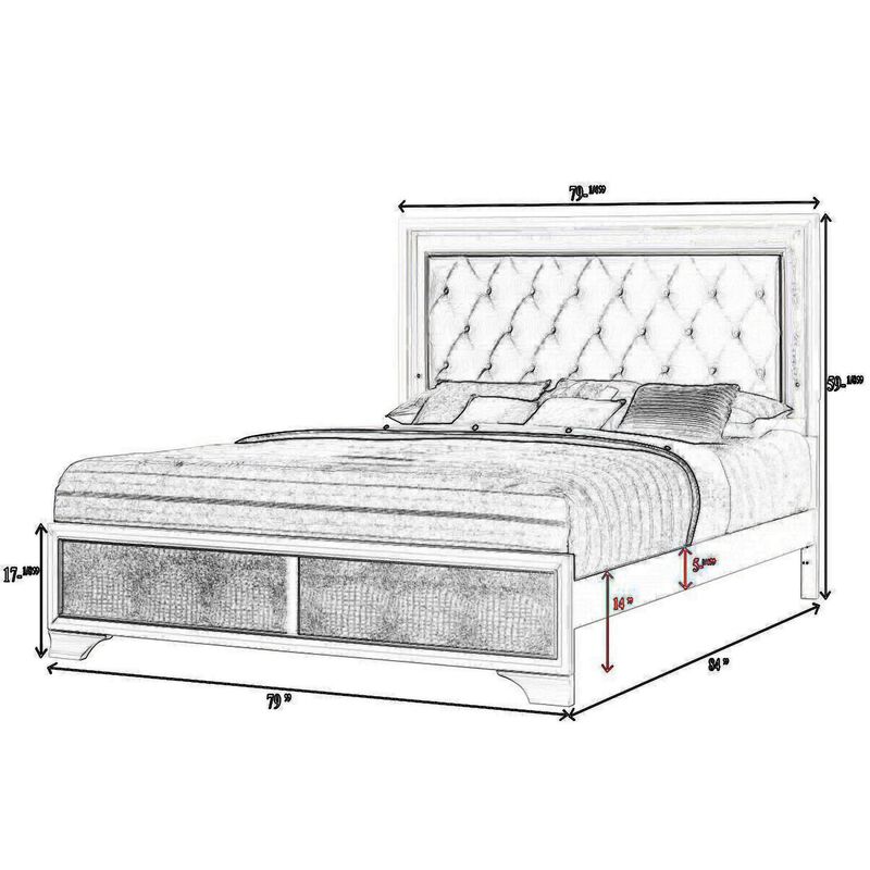 Benjara Lise King Size Bed, Fabric Upholstery, LED Lit, Modern Wood, White and Gray