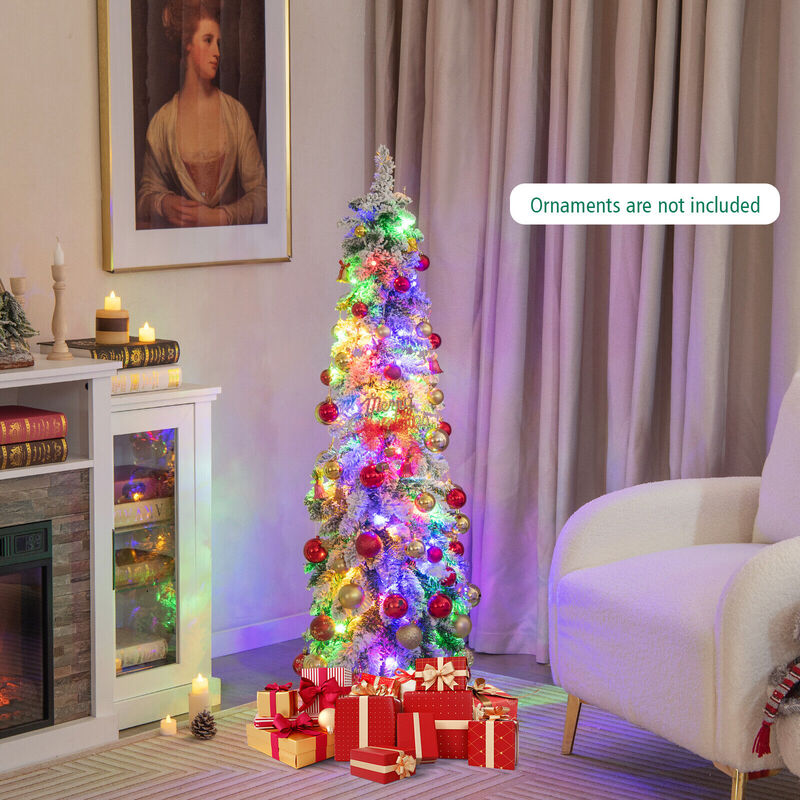 Pre-Lit Artificial Christmas Tree Snow-Flocked Slim Pencil Xmas Decor