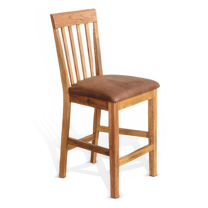 Marv Counter Height Chair Set of 2, Faux Leather, Light Brown, 24 Inch - Benzara