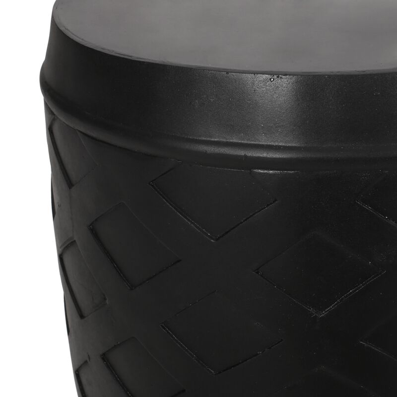 Outdoor Side End Table, 16 Inch Lattice Pattern, Black Concrete Finish - Benzara