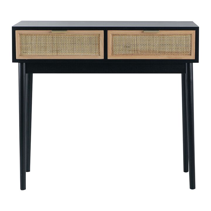 Ela 35 Inch 2 Drawer Wood Console Table, Woven Rattan Panels, Brown, Black - Benzara