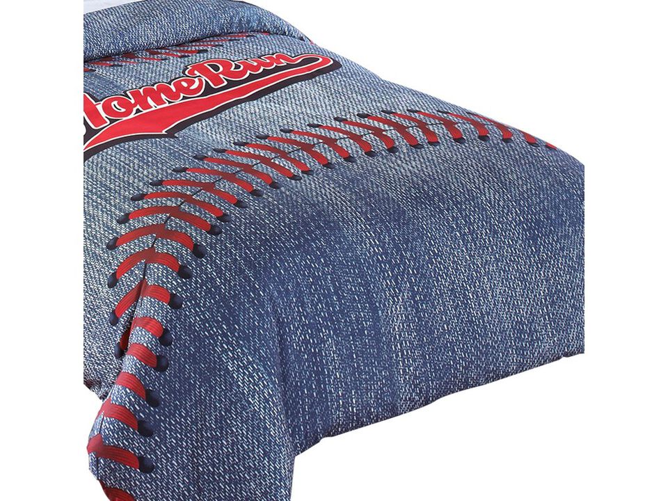 6 Piece Polyester Full Comforter Set with Baseball Inspired Print, Blue - Benzara