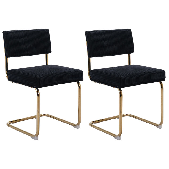 Set of 2 Modern Corduroy Dining Chairs, Gold Metal Base, Channel Tufted Armless Design