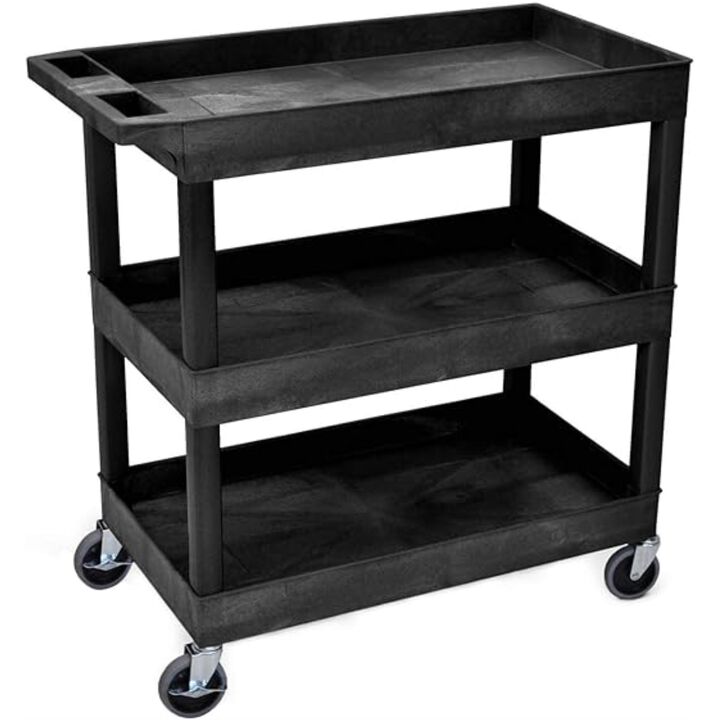 Ergode 32" x 18" Mobile Multipurpose Utility Tub Cart with 3 Shelves and Ergonomic Handle - Black, Great for Warehouse, Garage and More