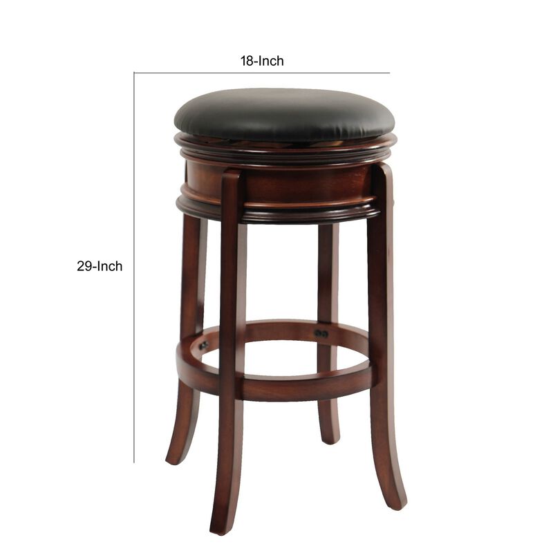Sabi 29 inch Swivel Counter Stool, Solid Wood, Faux Leather, Brown, Black-Benzara