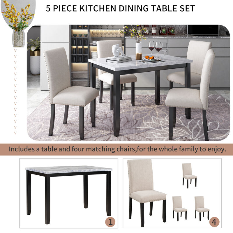 Faux Marble 5-Piece Dining Set Table With 4 Thicken Cushion Dining Chairs Home Furniture
