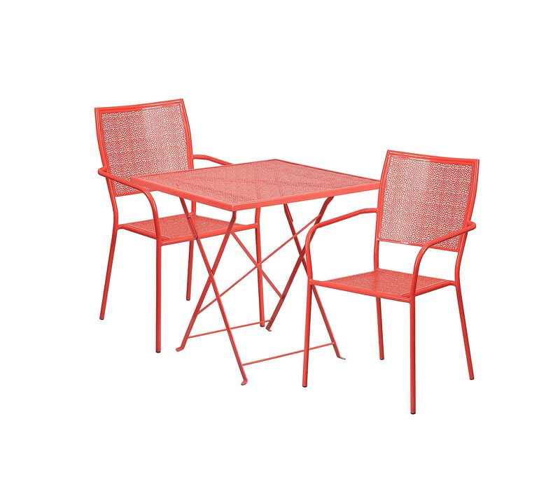 Flash Furniture Commercial Grade 28" Square Coral Indoor-Outdoor Steel Folding Patio Table Set with 4 Square Back Chairs