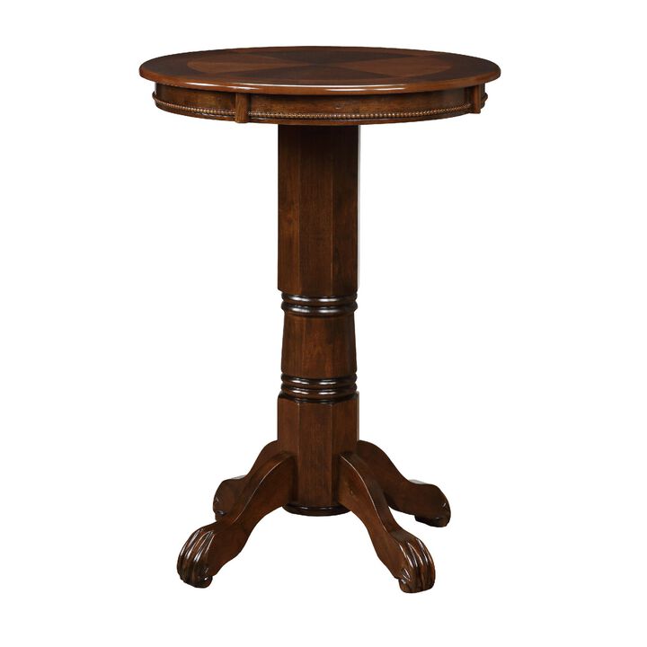 Ava 42 Inch Wood Pub Bar Table, Sunburst Design, Carved Pedestal, Cappuccino-Benzara