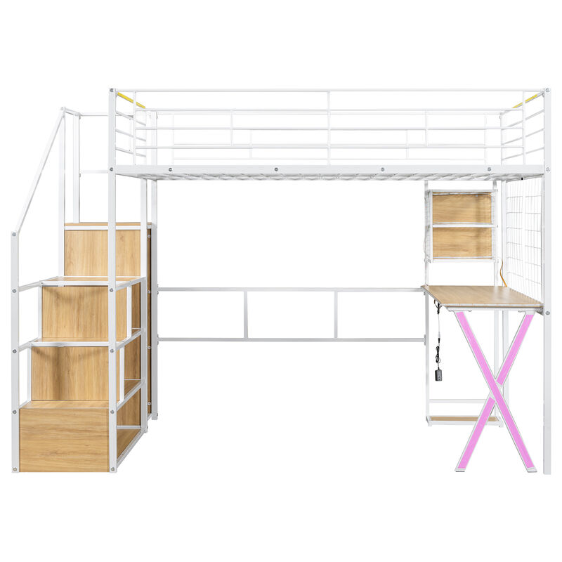 Merax Metal Loft Bed with LED and Storage Staircase