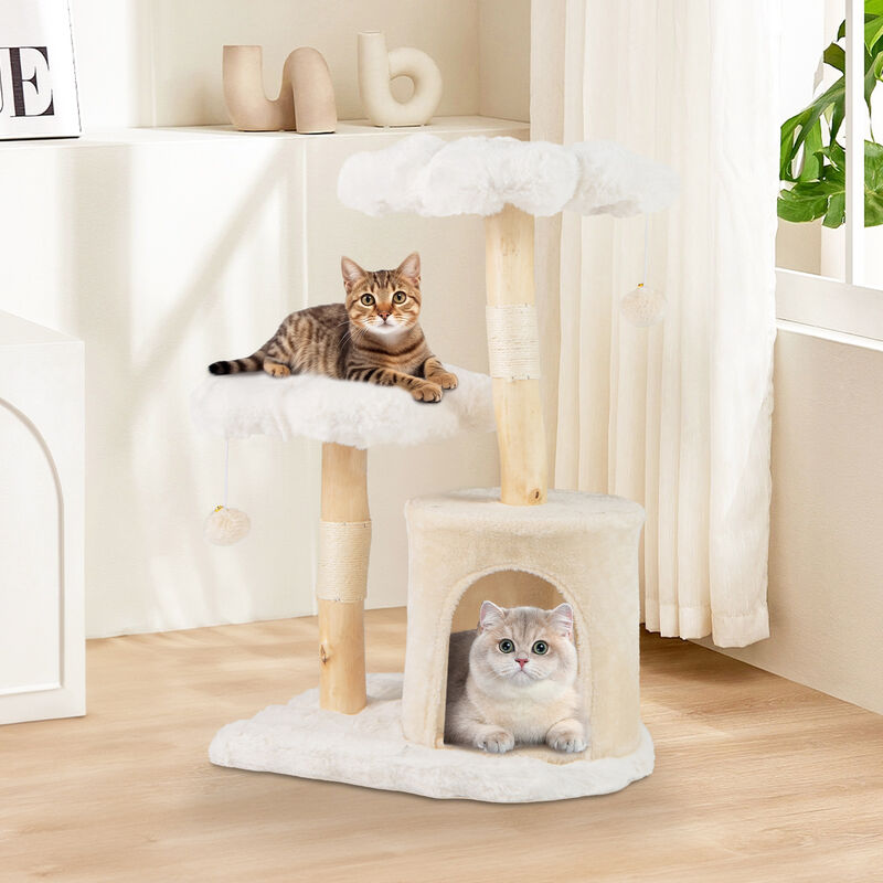 Cute Solid Wood Cat Tree Natural Branch Modern Flower Cat Tower with Sisal Scratching Posts