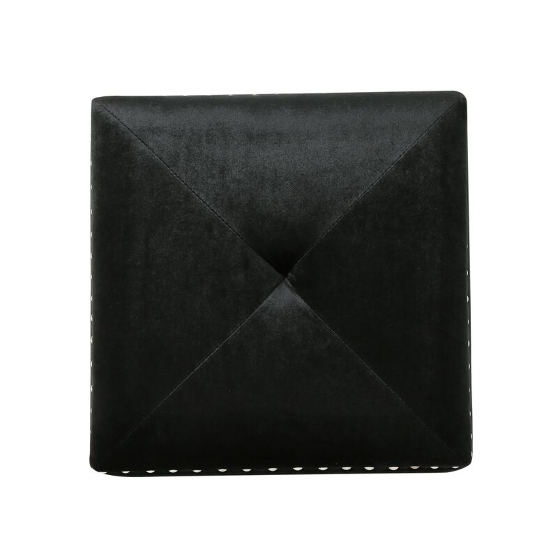Neli Ottoman, Black Velvet, Single Tuft on Top, Nailhead Trim, 17 Inch - Benzara