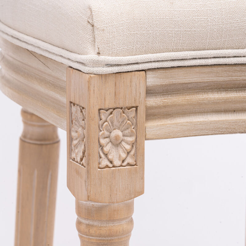 French Country Wooden Bar Stools Rattan Back With Upholstered Seating, Beige And Natural, Set Of 2