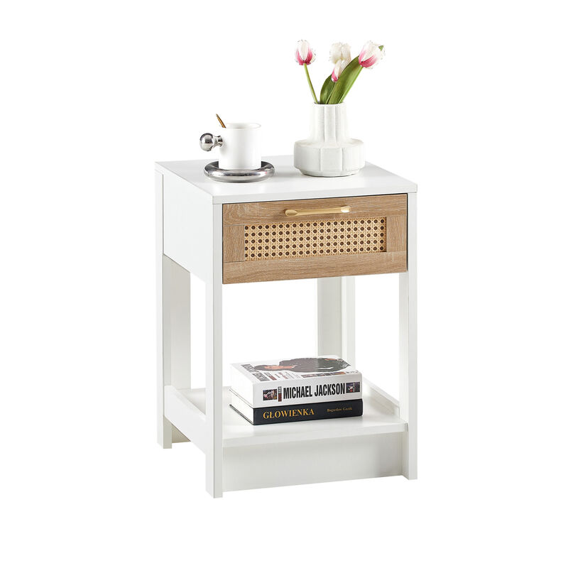 15.75" Rattan End table with drawer, Modern nightstand, side table for living roon, bedroom,white