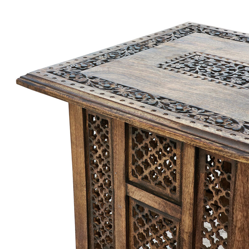 21 Inch Boho Side End Table, Floral Carved Details, Foldable Panel Legs, Natural Walnut Brown - Benzara