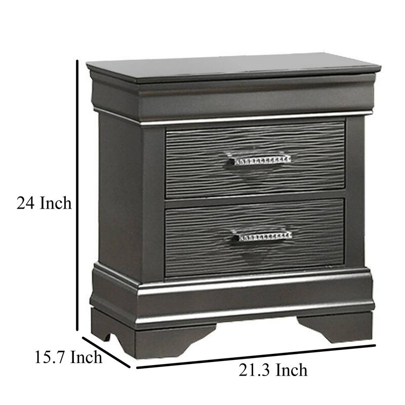 Jean Nightstand, 2 Drawers, Curved Frame, 24 Inch Dark Gray Solid Wood - Benzara