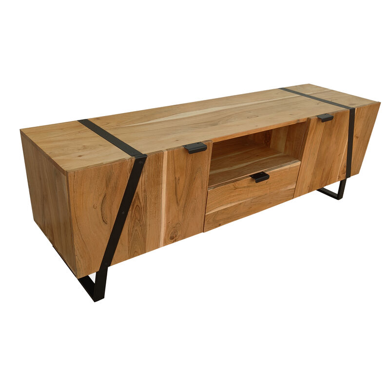 Aza 59 Inch Handcrafted TV Console with Drawer Natural Brown Acacia Wood Cabinet - Benzara